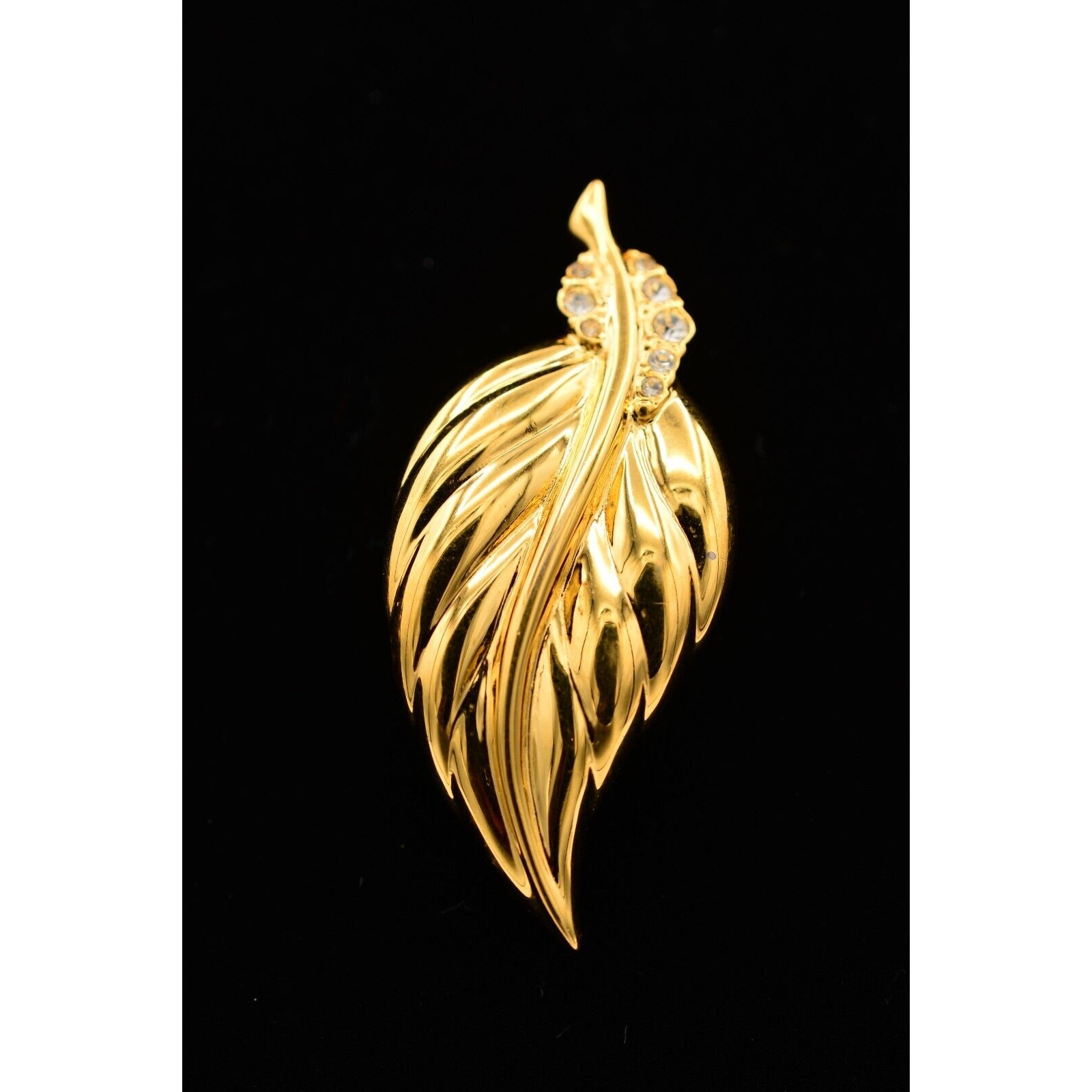 Napier Vintage Leaf Pin Brooch Pendant Gold Rhinestone Crystal Signed 80s Bin1 14$